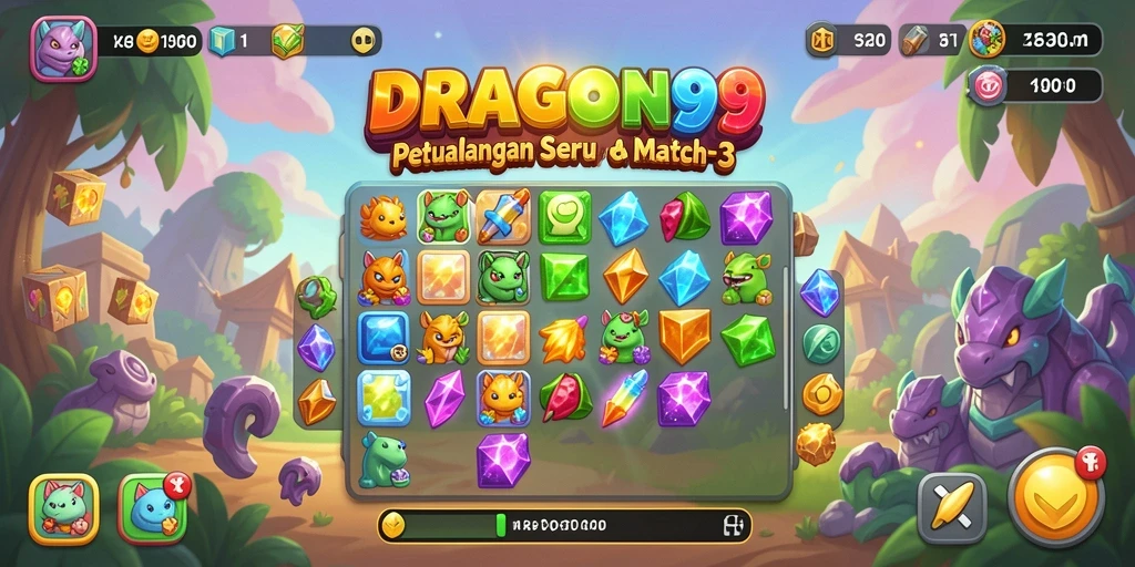 Tampilan gameplay DRAGON99 yang menarik dan penuh warna dalam Match-3.