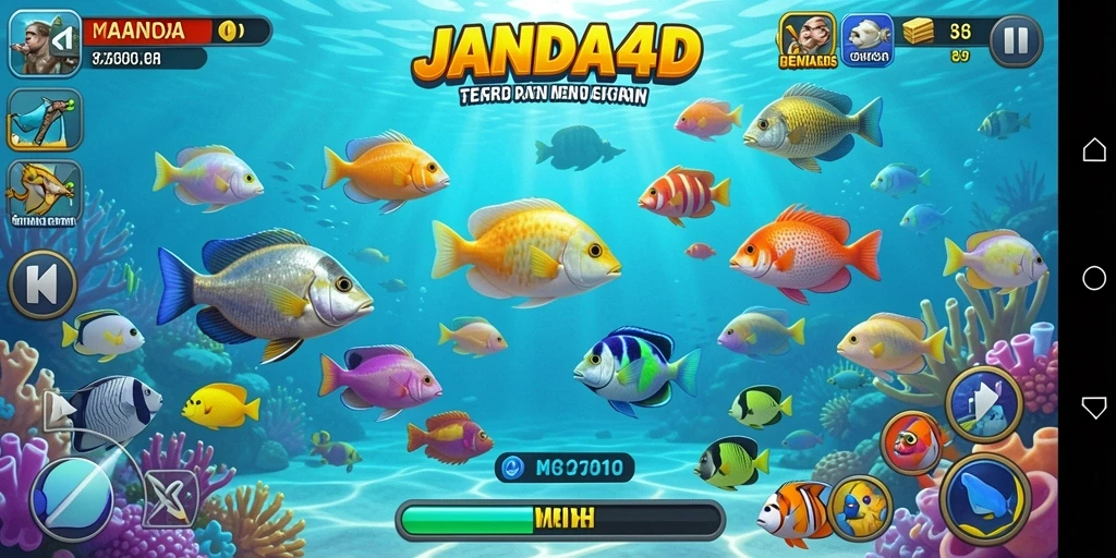 Screenshot utama menampilkan aksi tembak ikan yang seru di lautan.