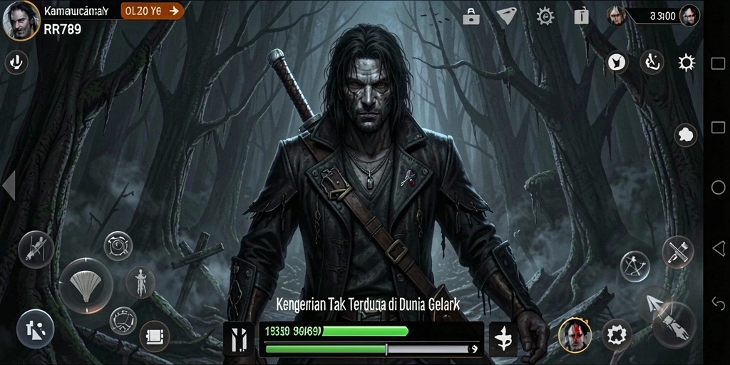 Screenshot gameplay <strong>RR789</strong> menampilkan suasana menyeramkan dengan karakter yang terjebak di kegelapan.