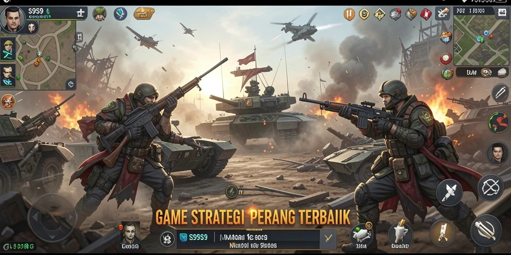 Screenshot gameplay S9S9 menampilkan pertempuran mendebarkan antara pasukan.