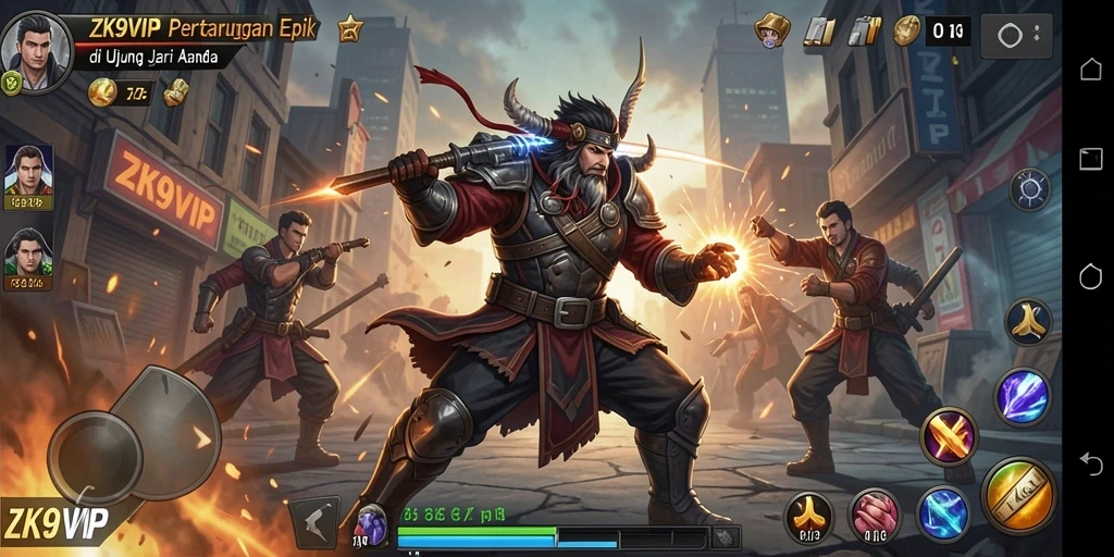 Screenshot ZK9VIP menampilkan aksi pertarungan seru antara karakter di arena.